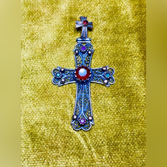 Vintage Victorian Revival Sterling Silver Filigree Cross Pendant w/Accent Stones - Picture 1 of 13